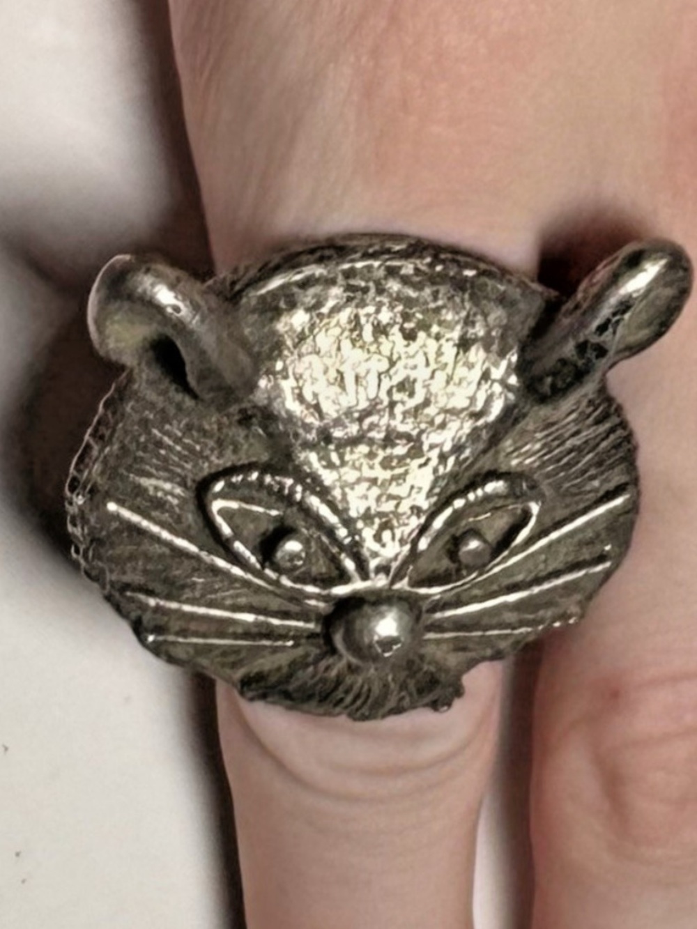 Vintage Large Cat Face Ring Silver Tone Statement Ring Size 7.5-8
